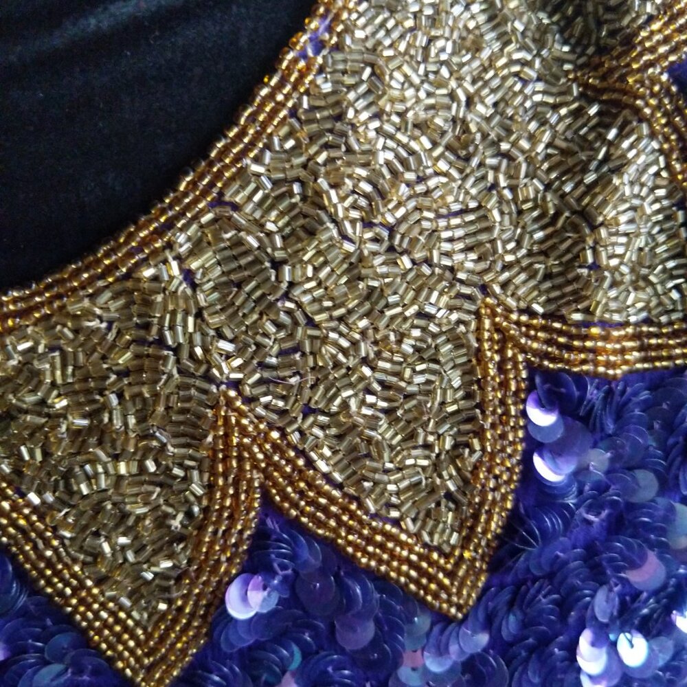 STUNNING RARE Designer Lawrence Kazar Vintage Purple and Gold Beaded Dress Small - Picture 8 of 10